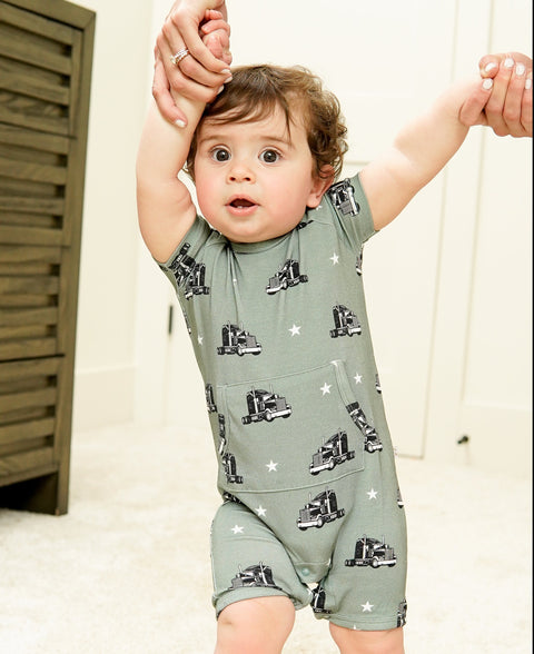 Big Trucks Pocket Shortie Romper