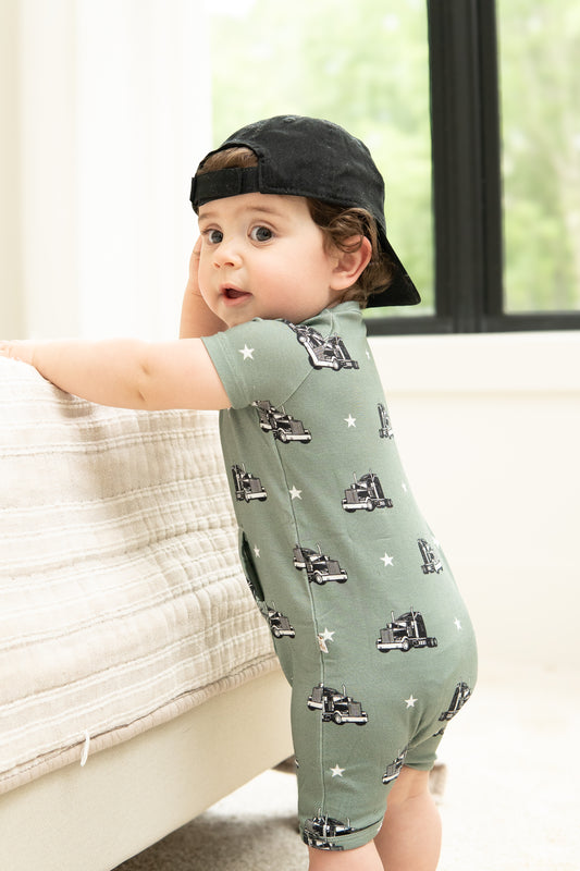 Big Trucks Pocket Shortie Romper