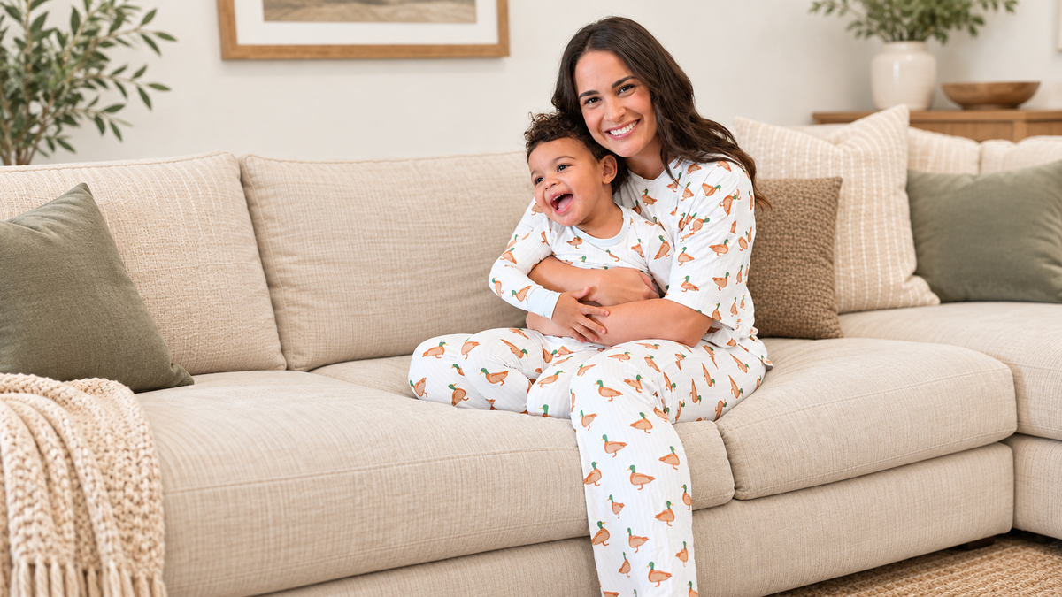 mom and child in duck pajamas