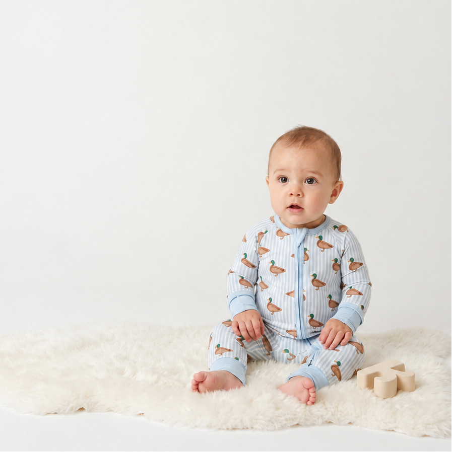 A baby wearing Monkeeroos mallards baby pjs sitting on a rug with a block next to him