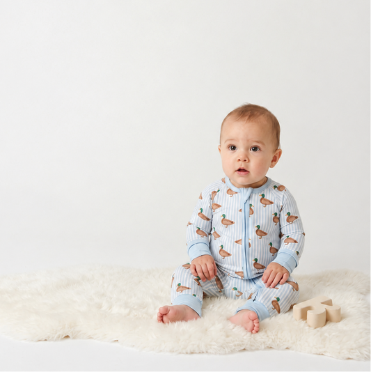 A baby wearing Monkeeroos mallards baby pjs sitting on a rug with a block next to him
