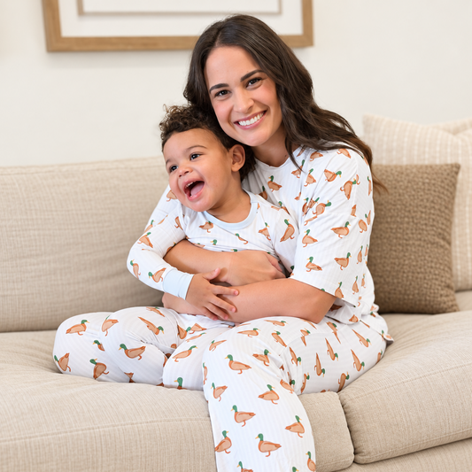 mom and child in duck pajamas 