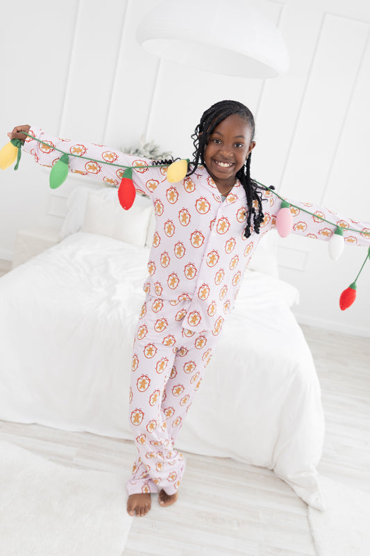 Pink Gingerbread Youth Unisex Button Down Set