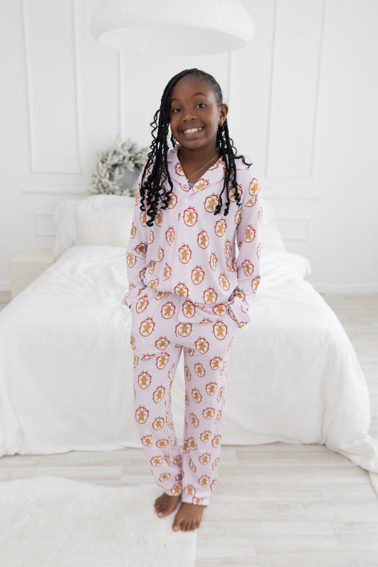 Pink Gingerbread Youth Unisex Button Down Set