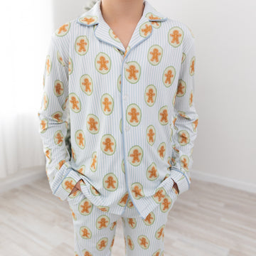 Blue Gingerbread Youth Unisex Button Down Set