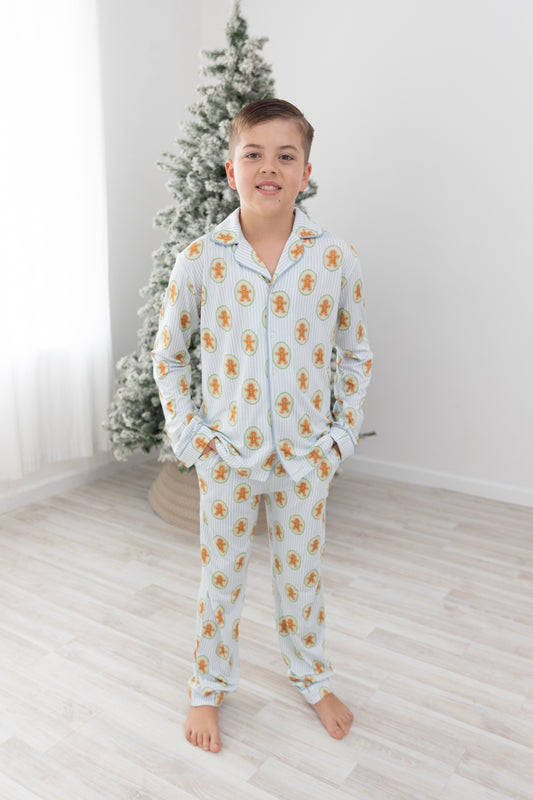 Blue Gingerbread Youth Unisex Button Down Set