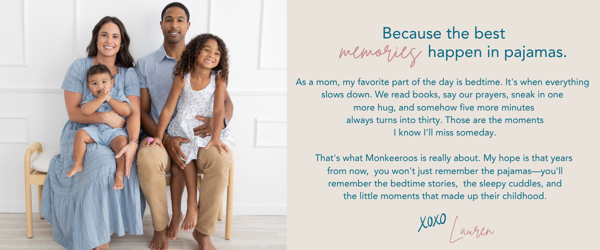 A family portrait on the left and a quote card on the right. The family consists of a father, mother, and two children sitting on a wooden chair, while the right side features a beige background with blue and pink text reading, 'Because the best memories happen in pajamas.